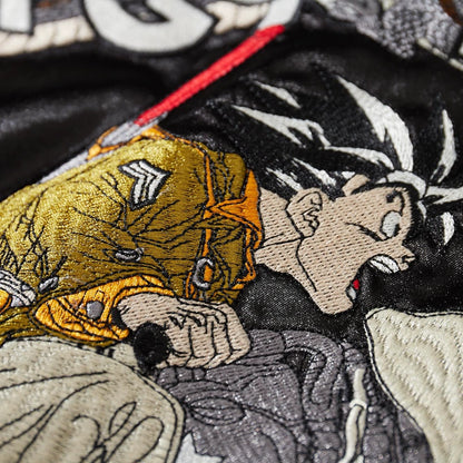 Macro detail of anime rider embroidery on the back of Dragon Ball Rider sukajan jacket.