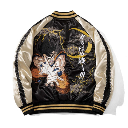 Back view of Dragon Balls Goku Kamehameha sukajan jacket with bold anime embroidery, lightning and Japanese text.