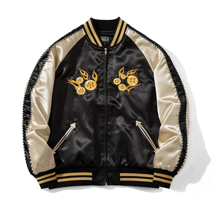 Front view of Dragon Balls Goku Kamehameha sukajan jacket with flaming dragon balls embroidery on black satin.