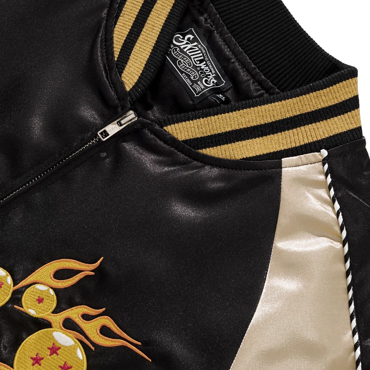 Close-up of front collar, label and flaming dragon balls embroidery on Dragon Balls Goku sukajan bomber jacket.