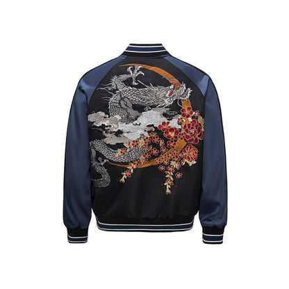 Back view in Navy — full-back coiling dragon over a gilt moon ring, framed by peonies and blossoms.