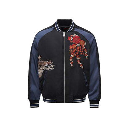 Front view in Navy — cascading peony bouquet at right chest and a cloud-riding dragon at left; striped rib trim.