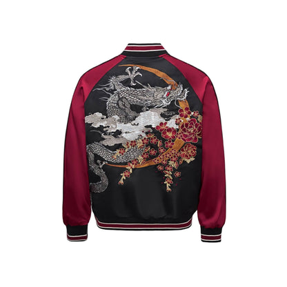 Back view in Red — dramatic dragon-and-peonies composition with sweeping moon crest.