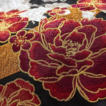 Peony and blossom embroidery with gold outlines—vivid color and high thread density.