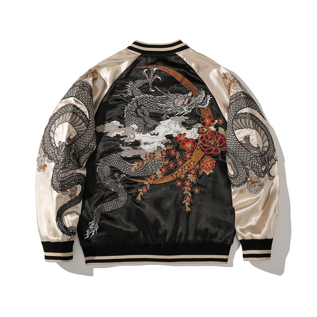 Back view, beige color sukajan jacket with full dragon, crescent, and peony cluster.