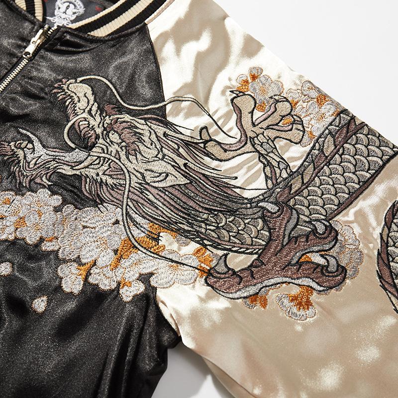 Close-up of sleeve embroidery showing a coiled dragon and petals.