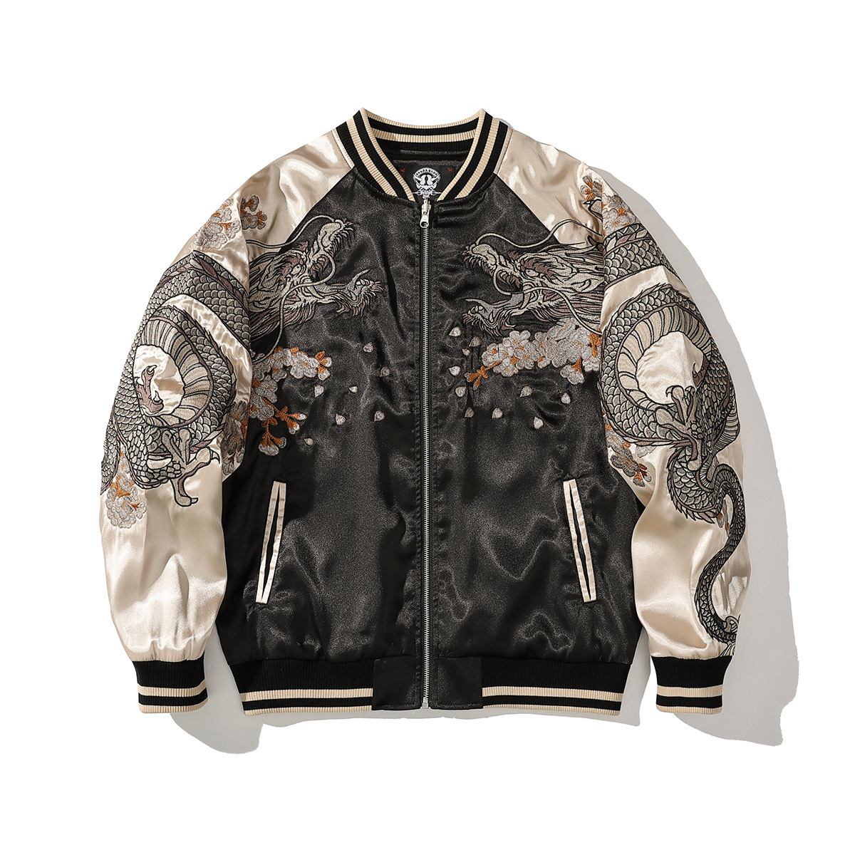 Front view, beige color sukajan jacket with twin dragons and scattered blossoms.