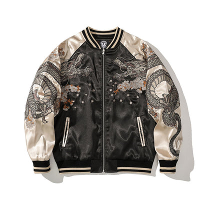 Front view, beige color sukajan jacket with twin dragons and scattered blossoms.
