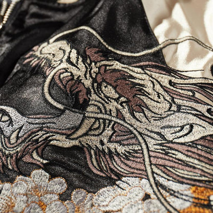 Dragon head and flowing mane embroidery, layered threads with high-gloss finish.