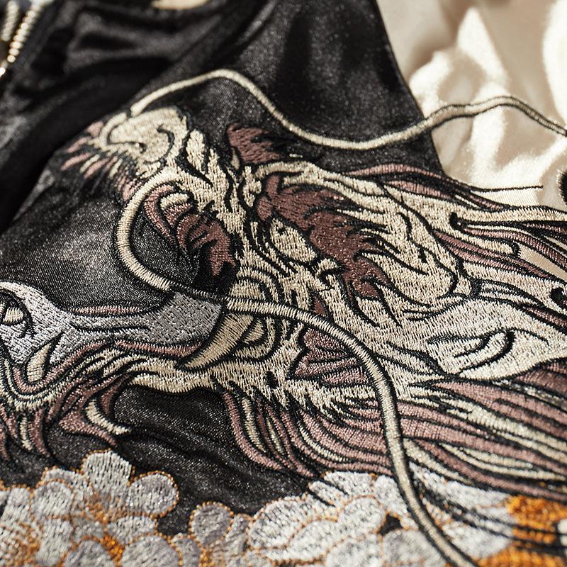 Dragon head and flowing mane embroidery, layered threads with high-gloss finish.
