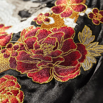 Peony flower embroidery with gold outlines on the Dragon & Peony sukajan jacket.