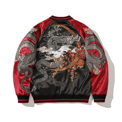 Back view, red color sukajan jacket featuring dragon, crescent arc, and peonies.