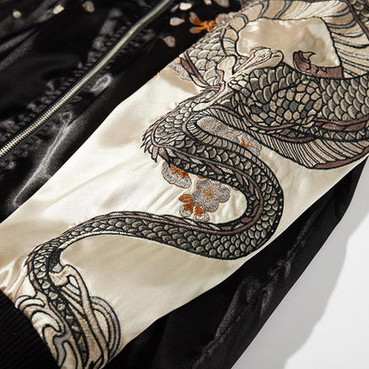 Sleeve embroidery featuring a coiling dragon with sakura blossoms.