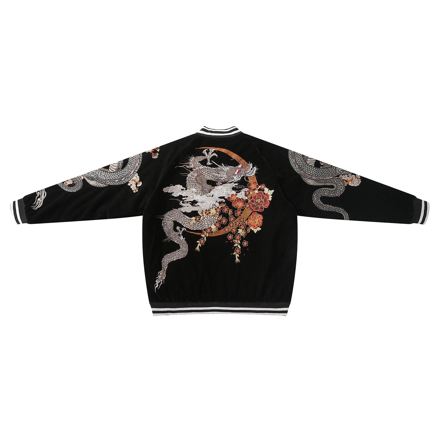Back view of the black velvet sukajan with circle dragon motif and cascading sakura blossoms