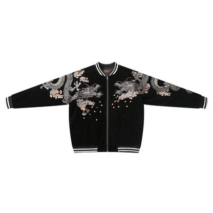 Front view of the black velvet sukajan featuring twin dragons and drifting petals