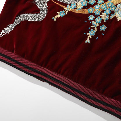 Hem and rib-knit waistband detail of the velvet sukajan with tidy stitching