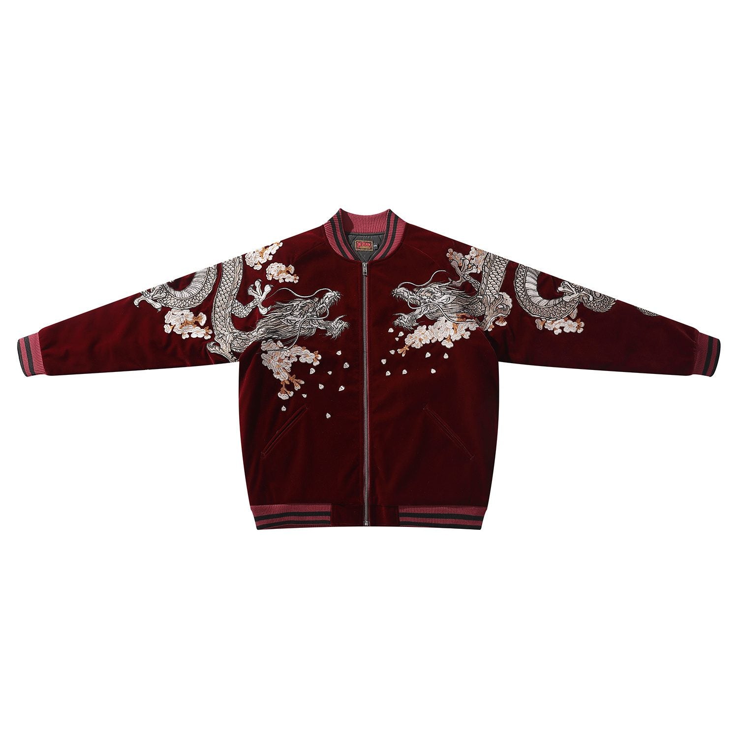 Front view of the red velvet sukajan with mirrored dragons across the chest