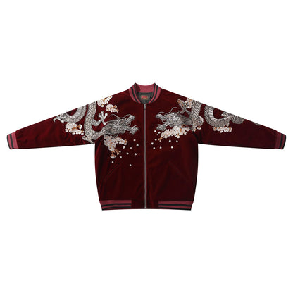 Front view of the red velvet sukajan with mirrored dragons across the chest