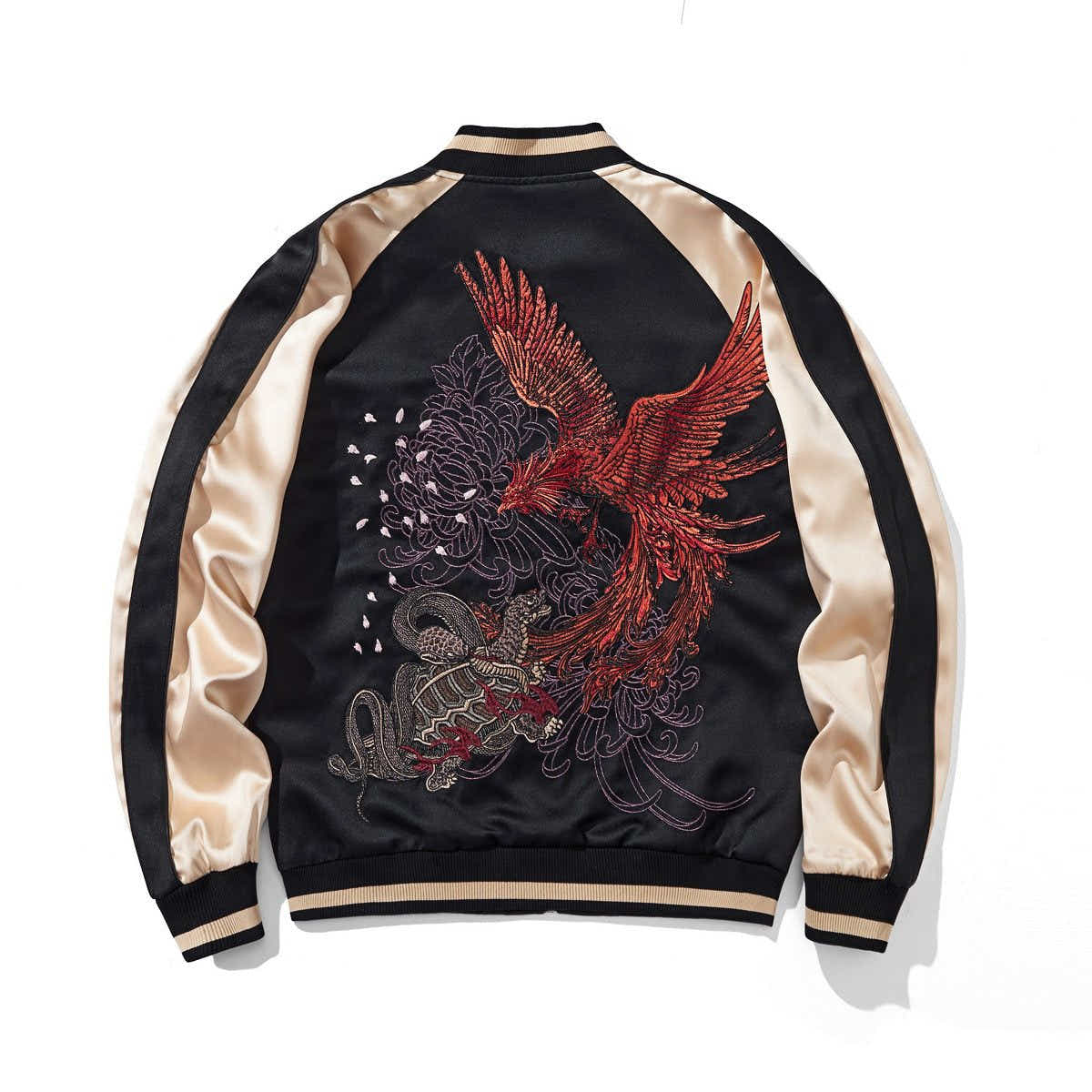 Back view with large phoenix-in-flight scene above guardian tortoise