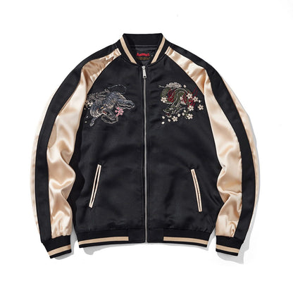 Front view with dragon & tiger crests and contrast raglan sleeves