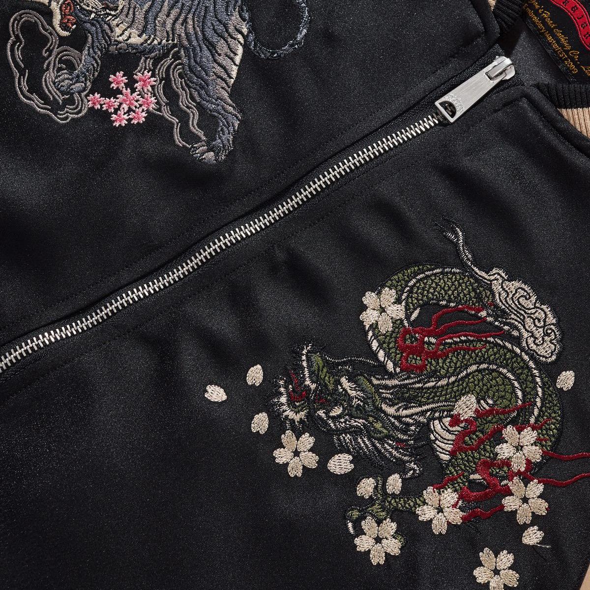 Close-up of dragon & tiger crests with dense satin stitching