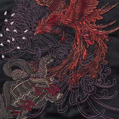 Back tableau showing phoenix above tortoise with petal accents