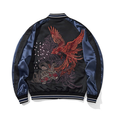 Back view showing phoenix and tortoise embroidery with swirling florals