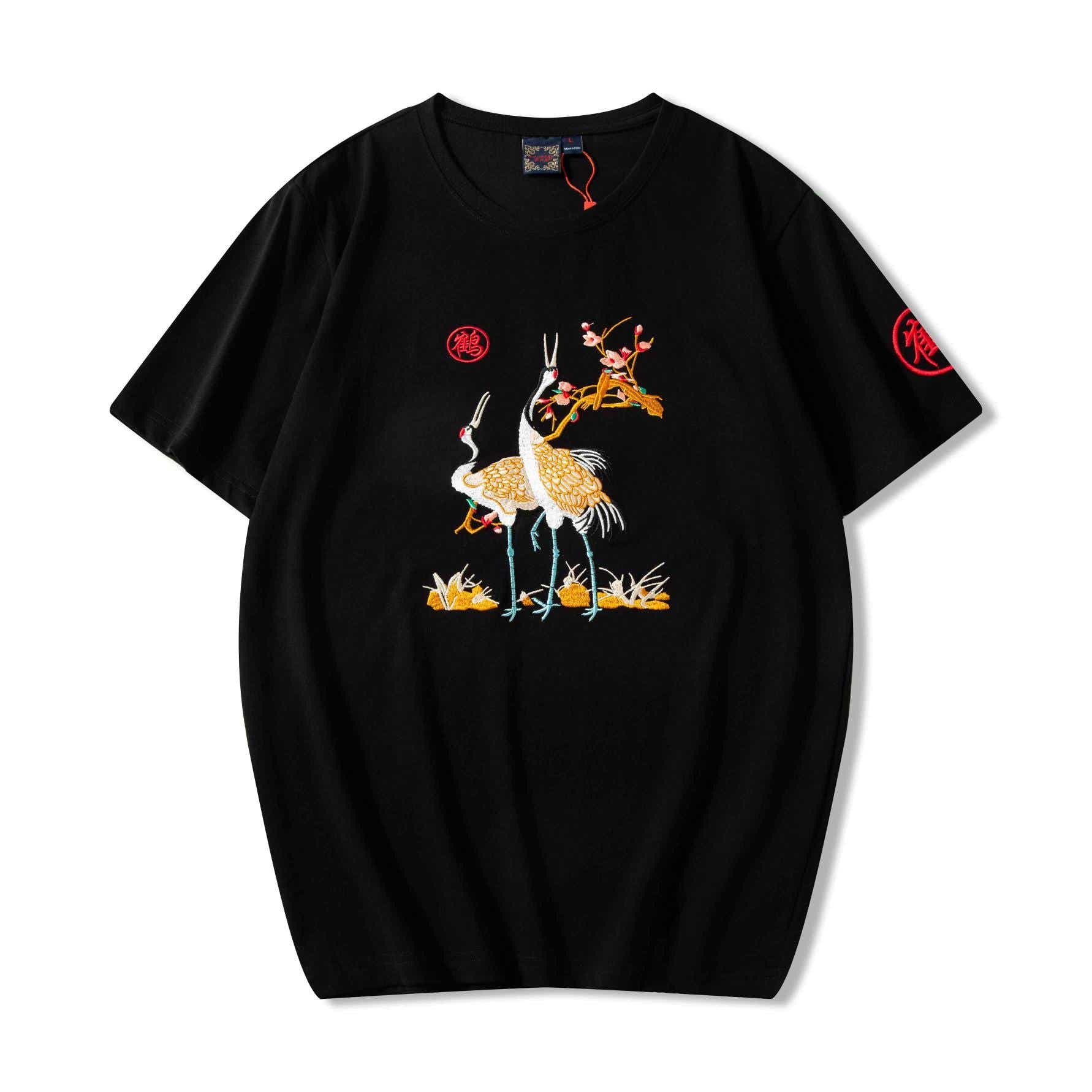 Front view of black T-shirt with cranes and sakura embroidery