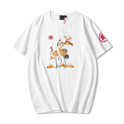 Front view of white T-shirt with cranes and sakura embroidery