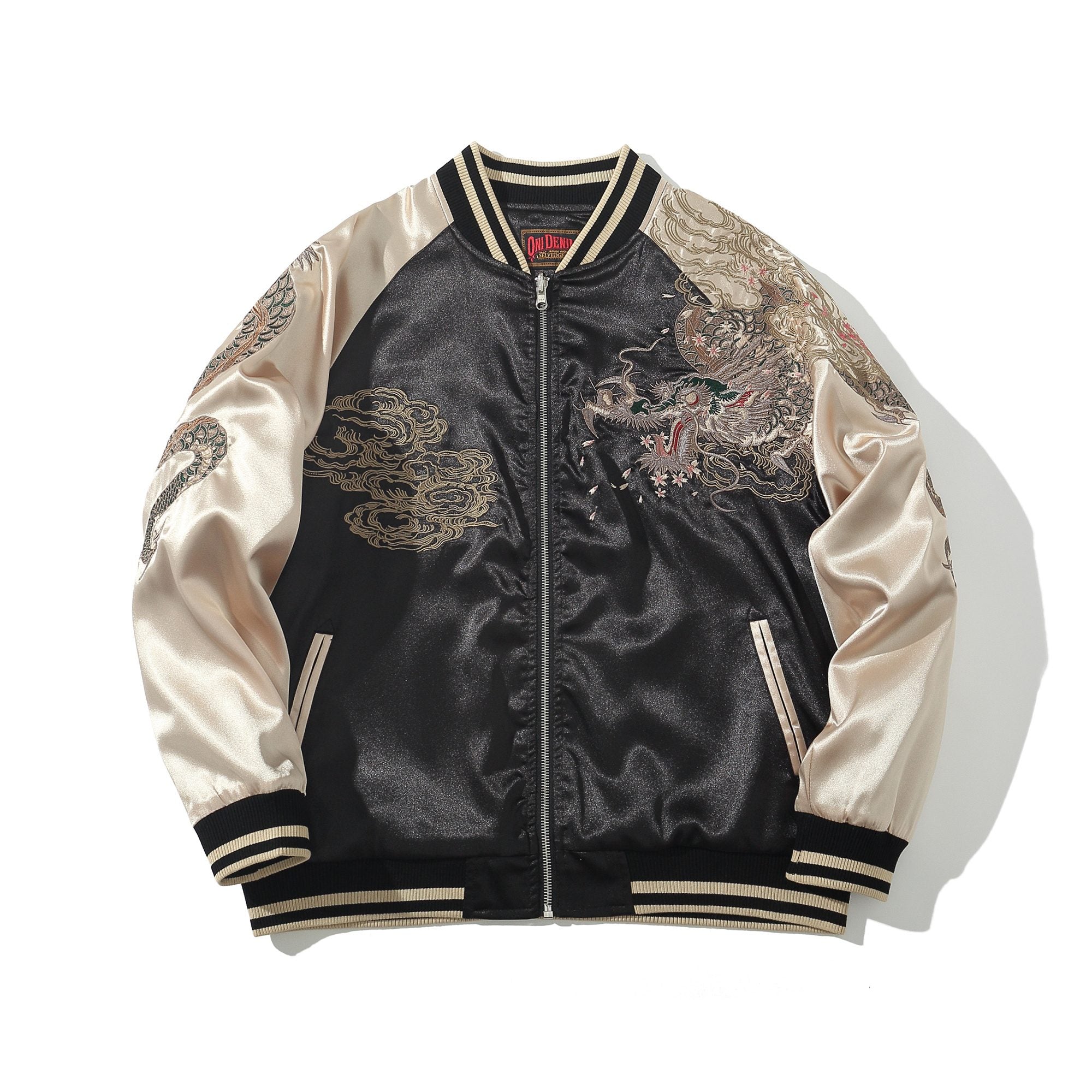 Black sukajan with dragon and clouds, beige sleeves, front view