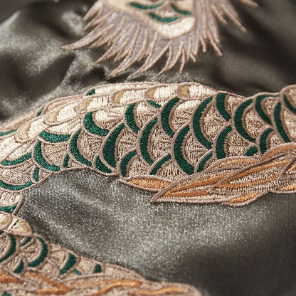 Close-up of dragon body scales embroidery on a black sukajan