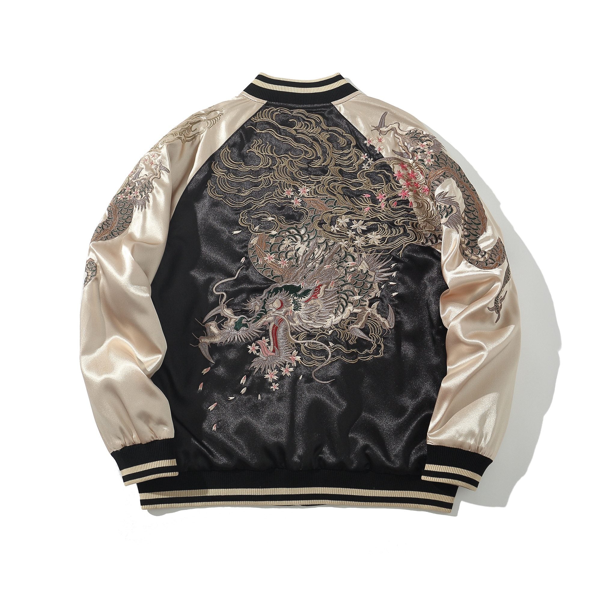 Back view of black sukajan with dragon and clouds, beige sleeves