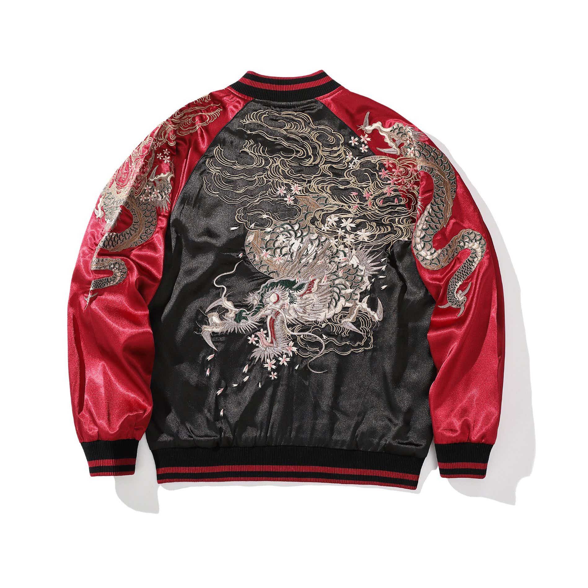 Back view of black sukajan with dragon and clouds, red sleeves