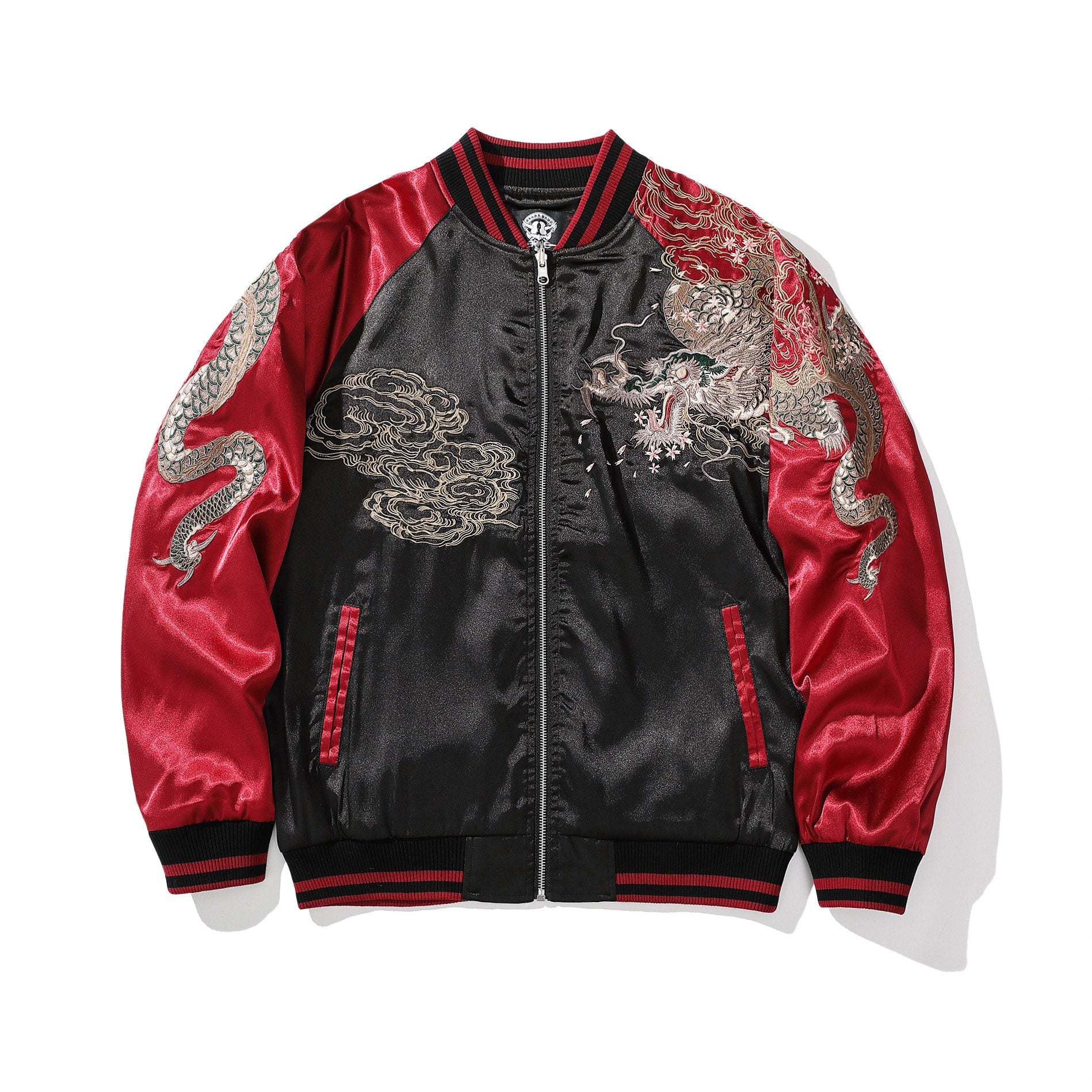 Black sukajan with dragon and clouds, red sleeves, front view