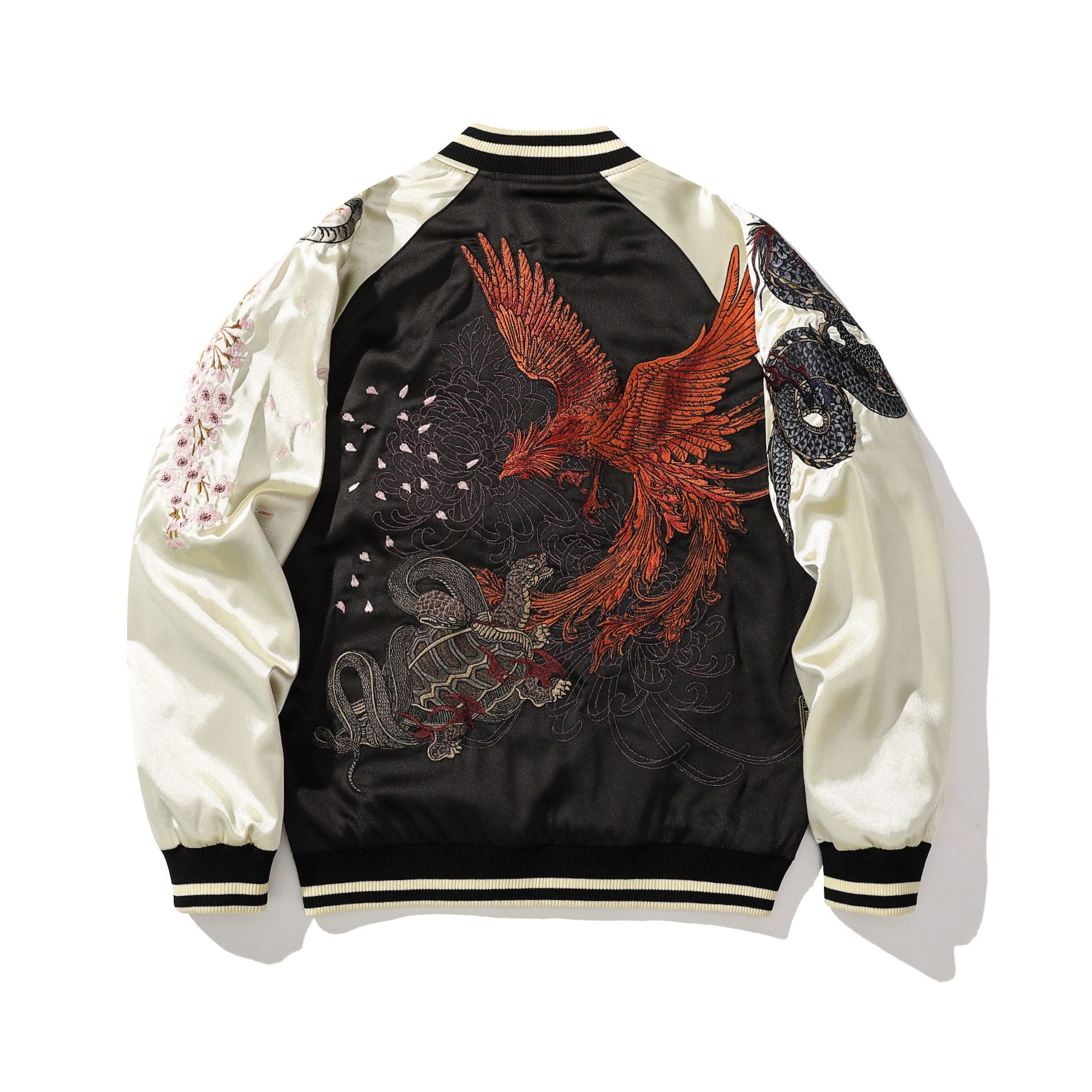 Back view of black sukajan with phoenix and tortoise-snake, beige sleeves