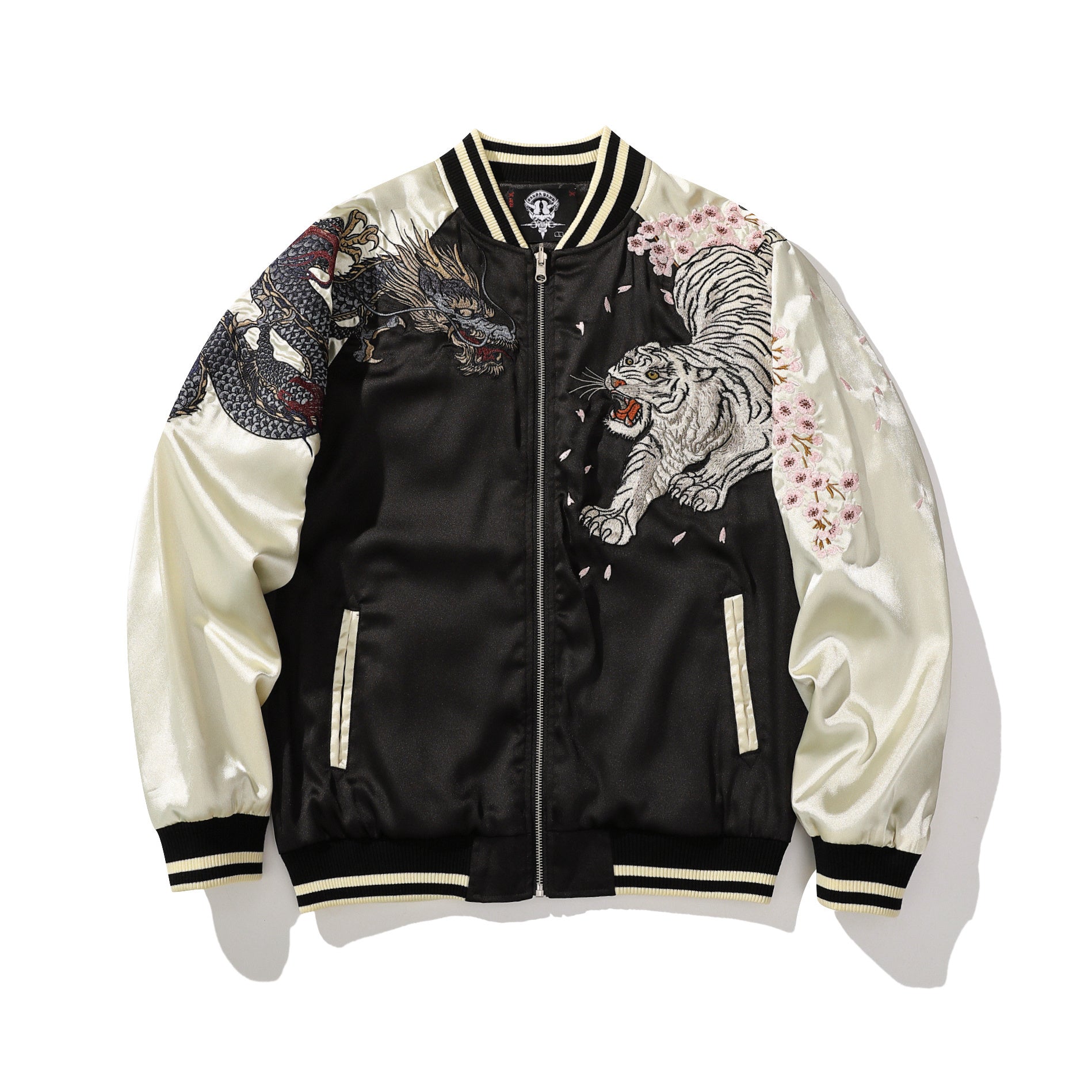 Black sukajan with white tiger and dragon, beige sleeves, front view