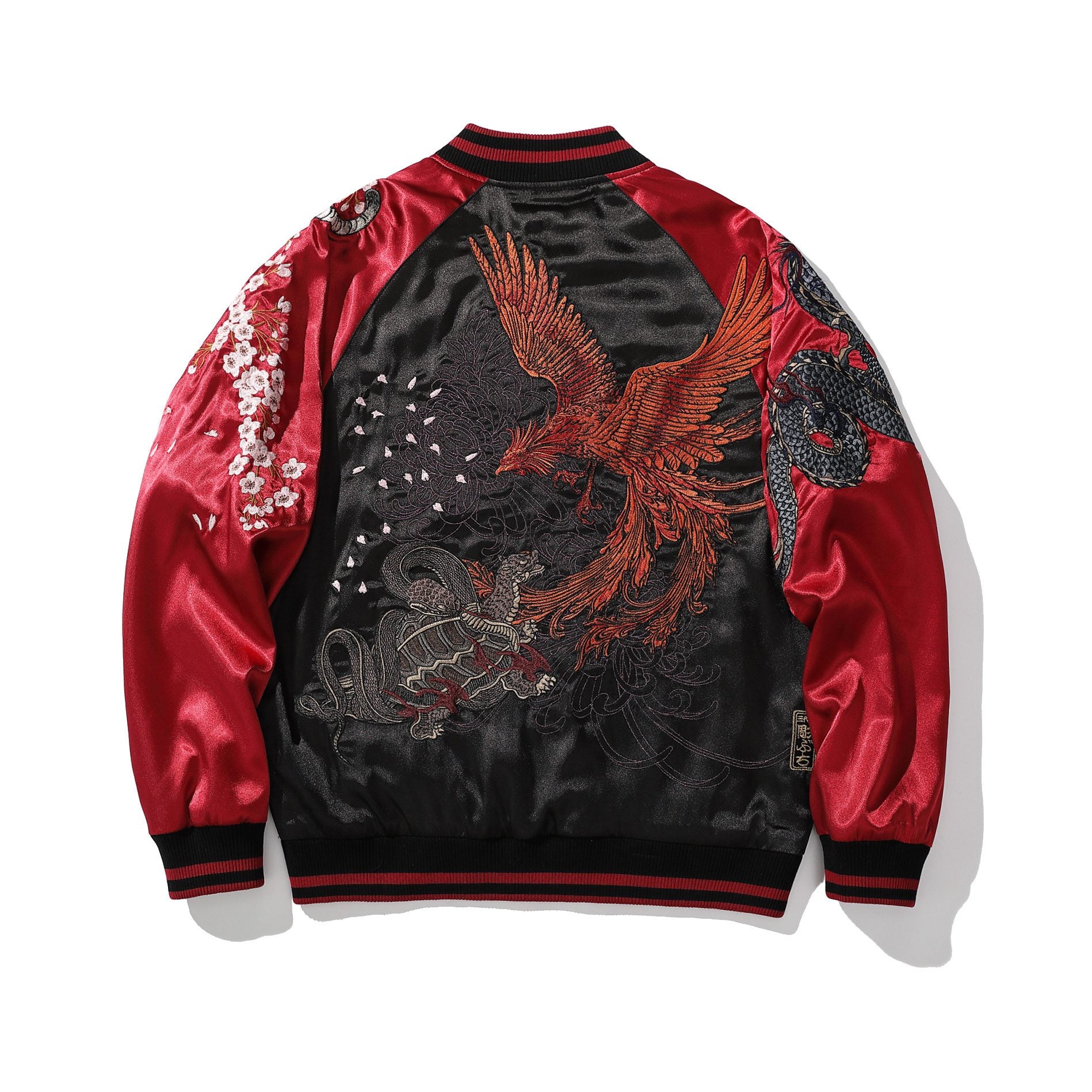 Back view of black sukajan with phoenix and tortoise-snake, red sleeves
