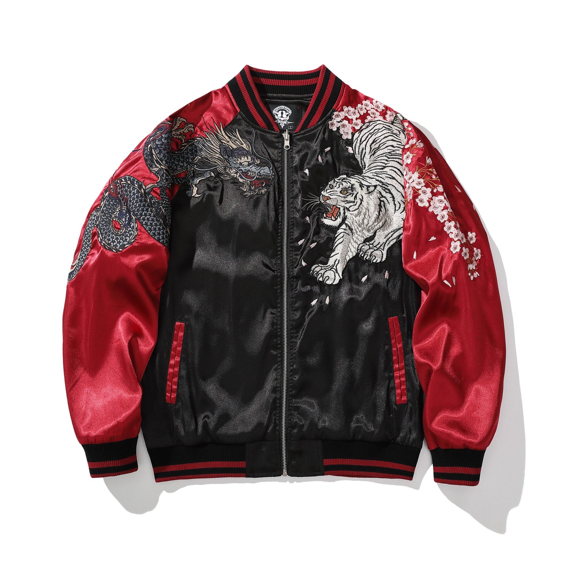 Black sukajan with white tiger and dragon, red sleeves, front view