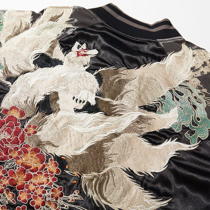 Close-up of nine-tailed fox embroidery on the back of a sukajan