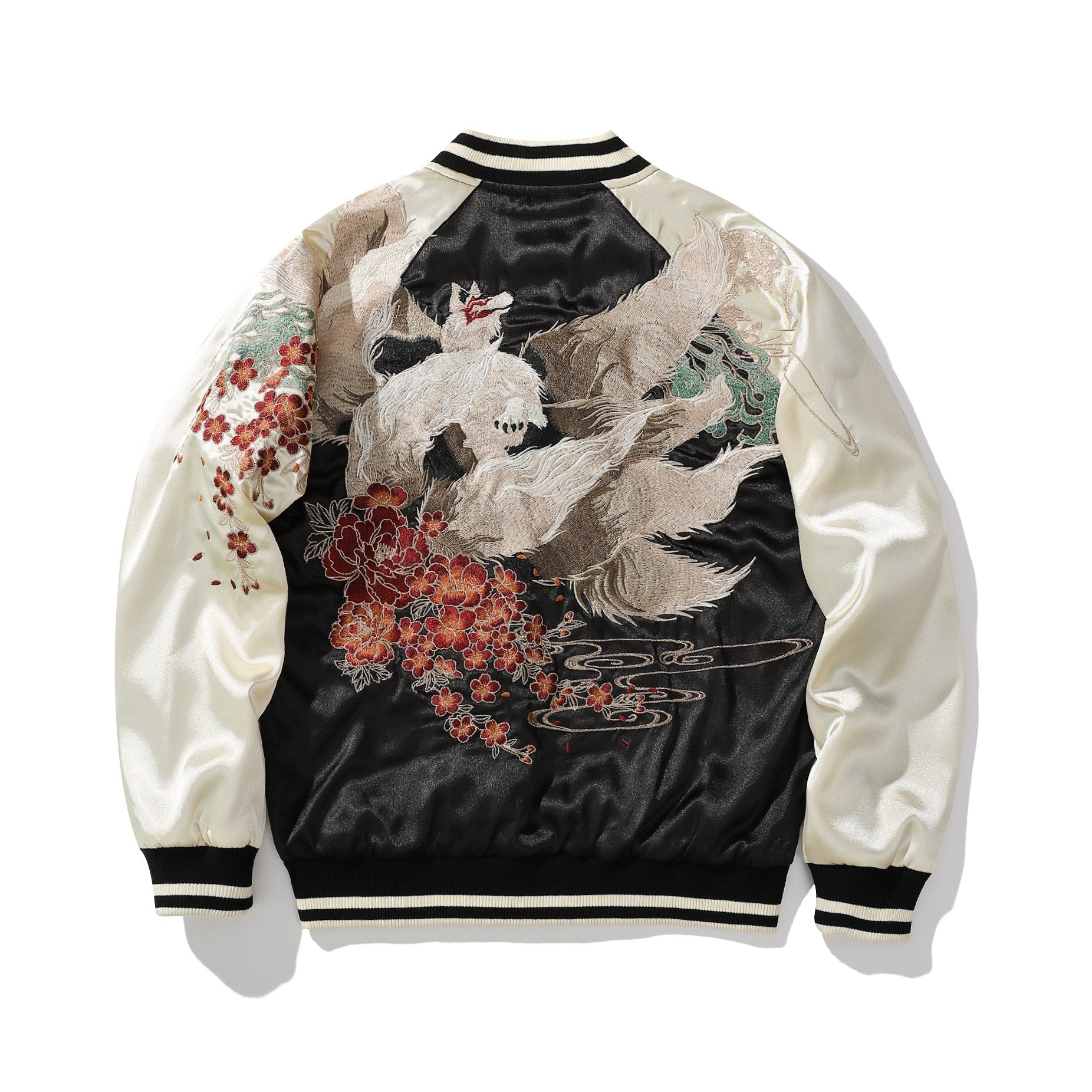 Back view of sukajan with nine-tailed fox and blossoms, beige sleeve