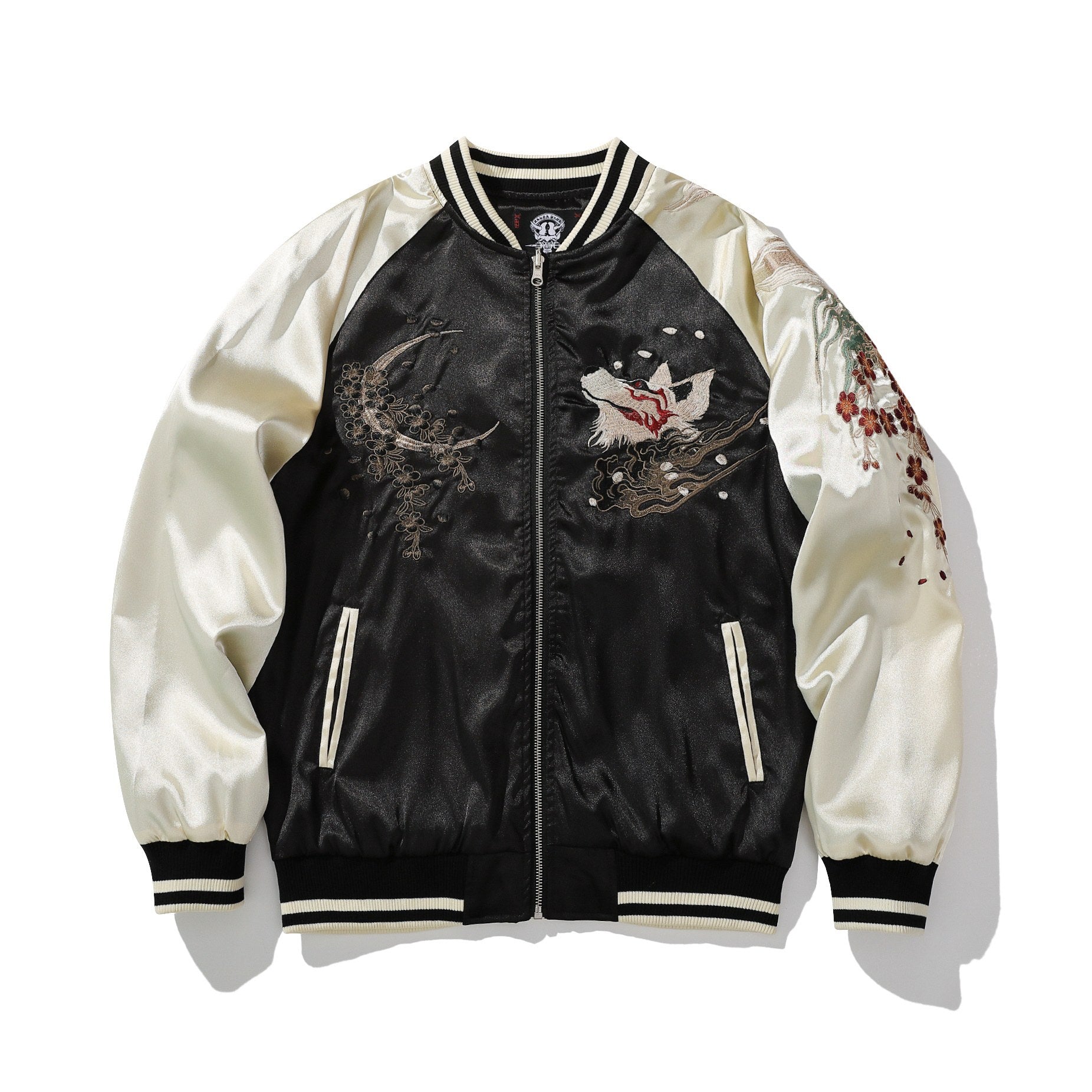 Front view of sukajan with fox head and crescent blossoms embroidery, beige sleeve