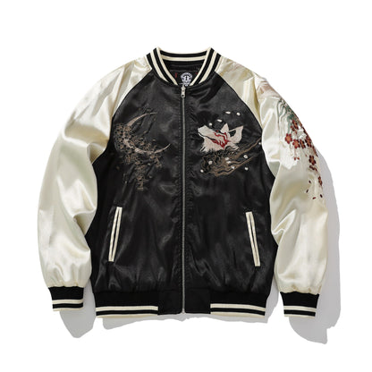 Front view of sukajan with fox head and crescent blossoms embroidery, beige sleeve