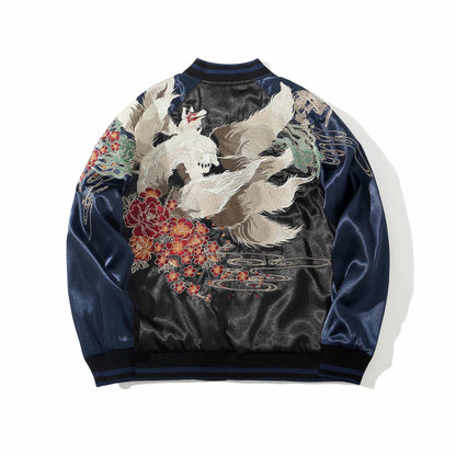 Back view of sukajan with nine-tailed fox and blossoms, navy color sleeve
