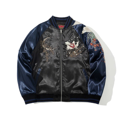 Front view of sukajan with fox head and crescent blossoms embroidery, navy sleeve