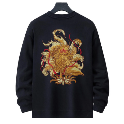 Back view of black Nine-Tailed Fox & Lotus embroidered sweatshirt with large gold fox and lotus motif.