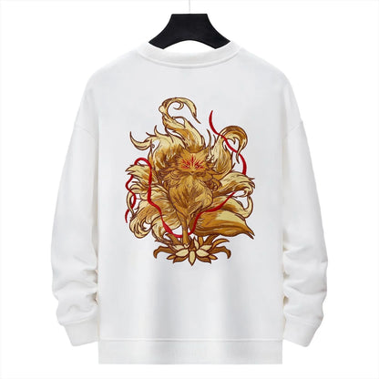 Back view of white Nine-Tailed Fox & Lotus embroidered sweatshirt with large gold fox and lotus motif.
