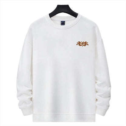 Front view of white Nine-Tailed Fox & Lotus sweatshirt with small lotus emblem on chest.