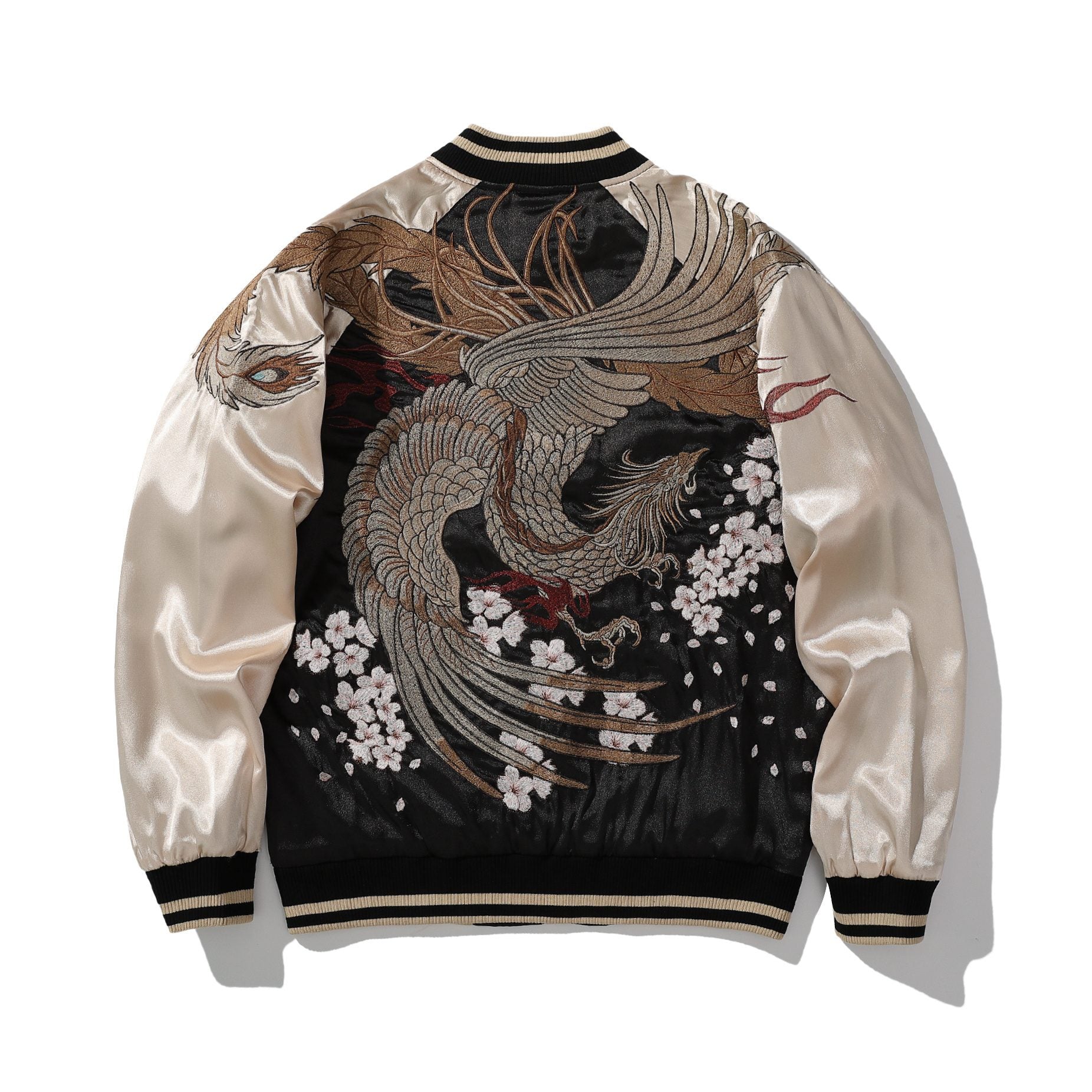 Back view of sukajan with phoenix and sakura embroidery, beige sleeves