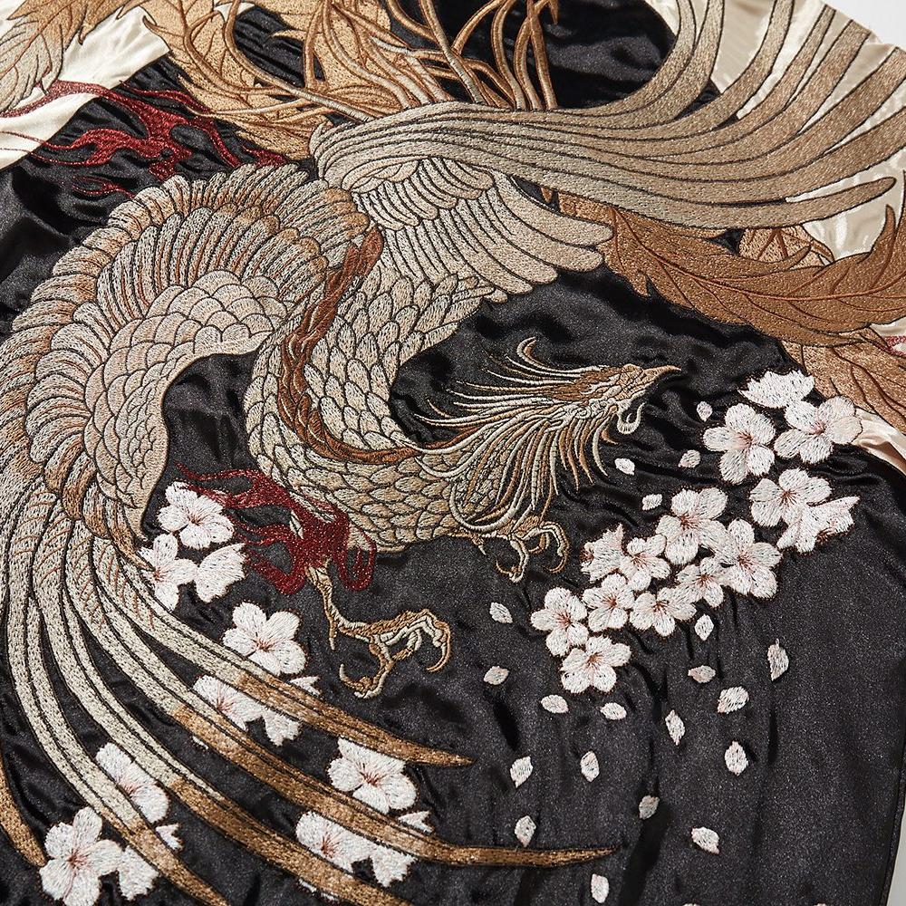 Close-up of phoenix and sakura embroidery
