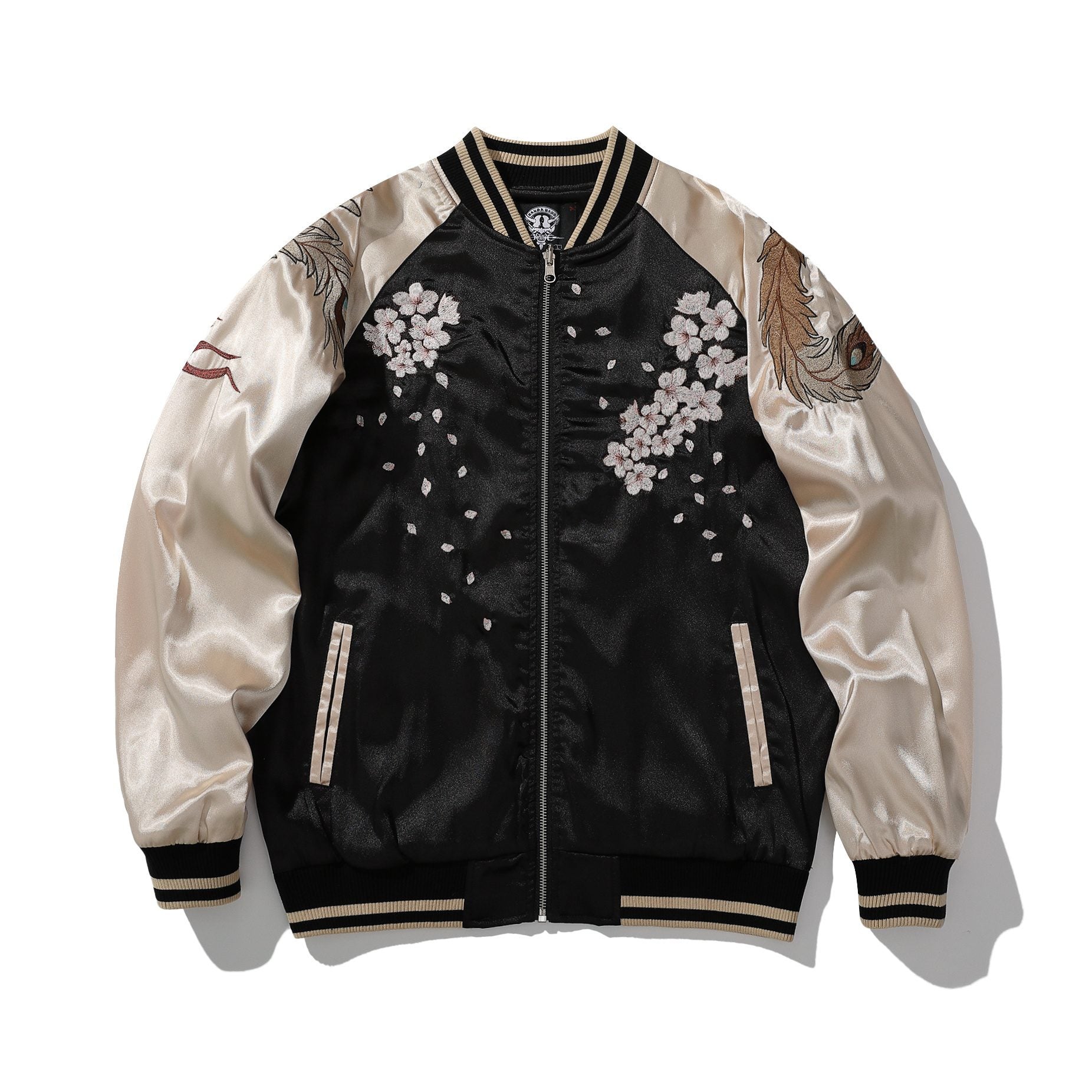 Front view of sukajan with sakura embroidery, beige sleeves